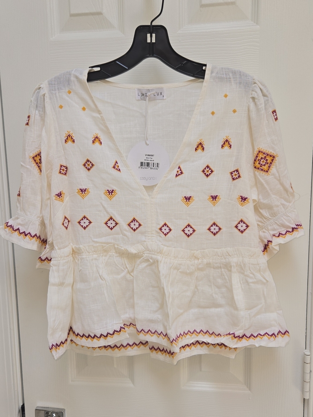 Linen-Look White Embroidered V-Neck Peasant Blouse